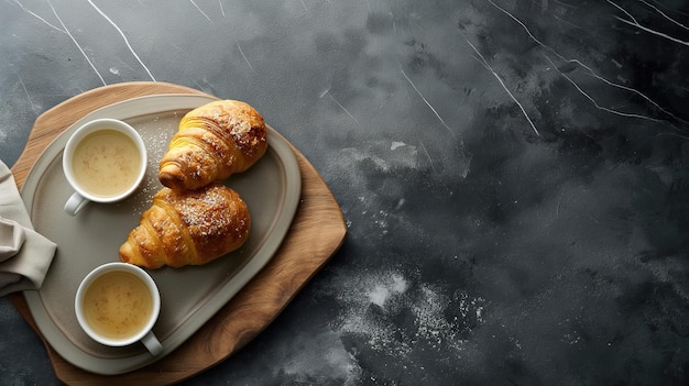 Two freshly baked croissants sit next to two cups of steaming coffee on a white porcelain plate