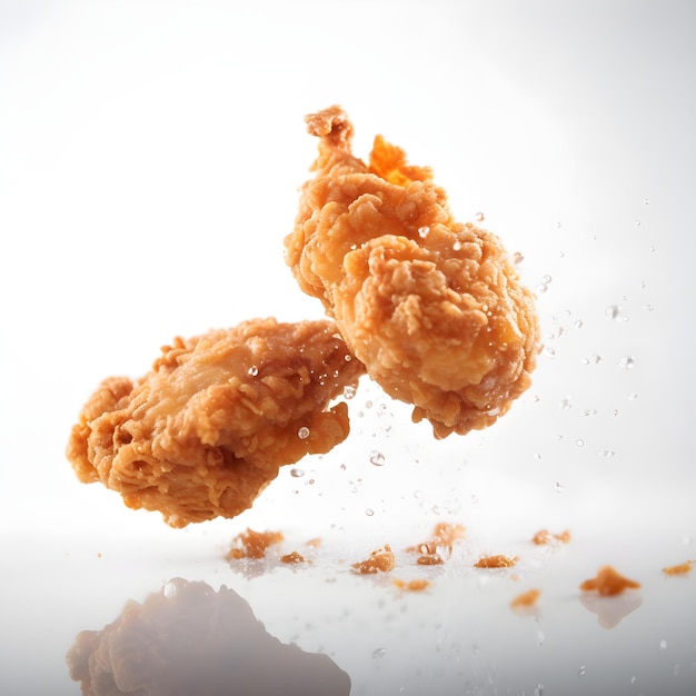 Two fried chicken wings are falling in the air.