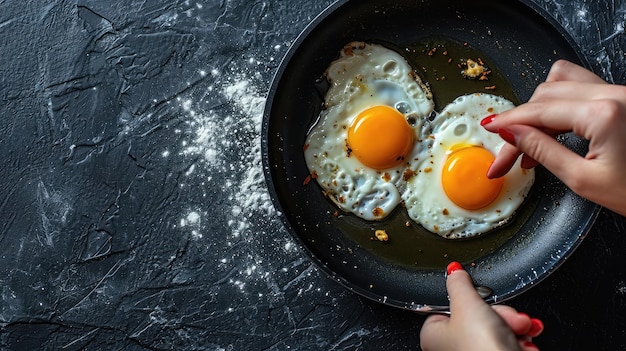 Two fried eggs in a pan with olive oil Girl39s hand holding a frying pan with scrambled eggs