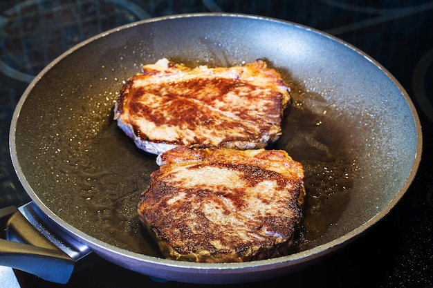 Two fried piece of meat in frying pan on range