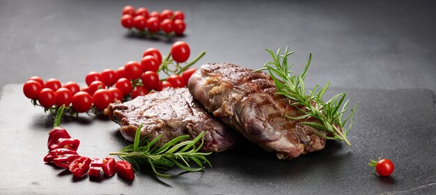 Two fried ribeye beef pieces on a black slate board, rare degree of doneness. Appetizing steak, banner