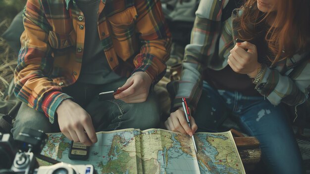 Foto due amici stanno pianificando la loro prossima avventura stanno guardando una mappa e decidendo dove andare sono entrambi entusiasti delle possibilità