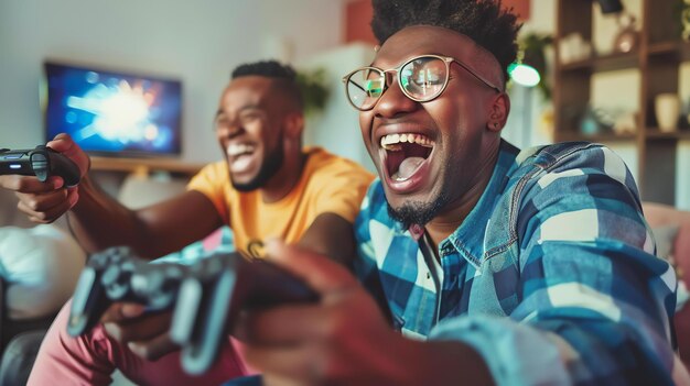 Photo two friends are playing video games in a living room they are both laughing and enjoying themselves the room is lit by the tv screen