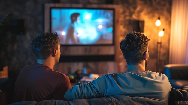 Photo two friends are sitting on a couch in a living room watching tv the tv is showing a movie and the friends are both looking at it