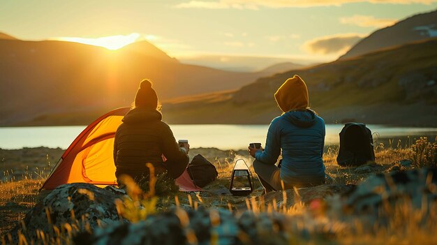 写真 2人の友人がテントの前にある岩の上に座って湖の上の日没を見ています