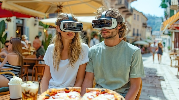 Two friends both watch cordless VR glasses outside