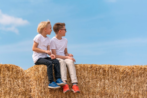 Two friends children are sitting on hay bales after harvest on blue sky background Happy boys are basking in the sun on haystack in autumn