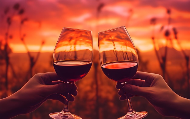 Two friends clink wine glasses smiling against a sunset backdrop celebrating togetherness