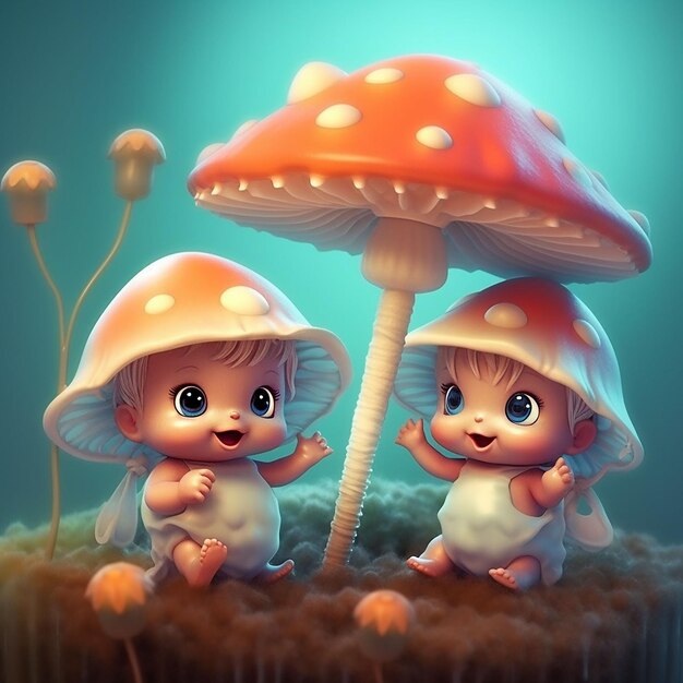 Two friends cute and funny baby mushrooms cartoon style