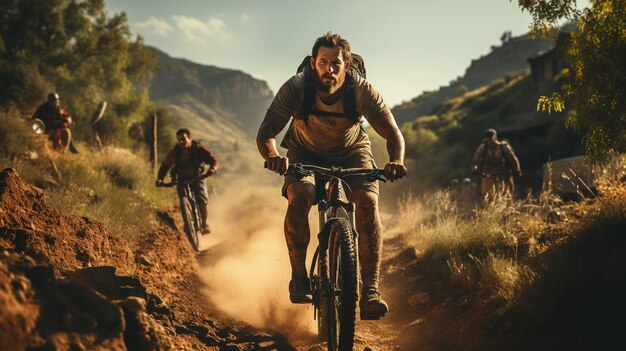 Two friends cycling with backpacks on a mountain roadgenerative ai