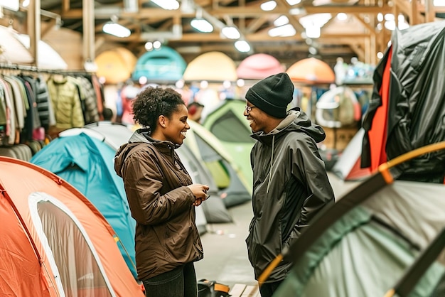 Two friends discussing the merits of different camping tents while surrounded by a variety of outdoo