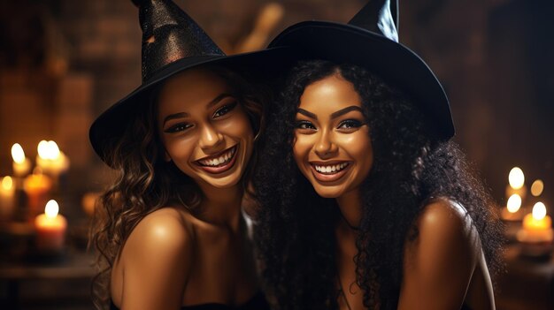 Foto due amici vestiti da streghe per halloween