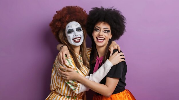 Photo two friends dressed in halloween carnival costumes embrace and have friendly relationships wear spo