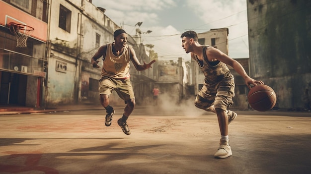 Photo two friends enjoying a game of basketball