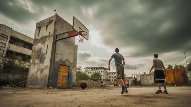 Photo two friends enjoying a game of basketball