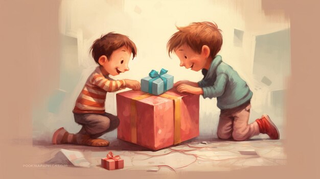 Photo two friends exchanging gifts