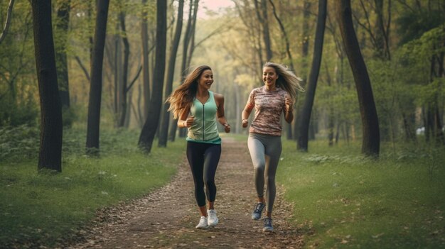 Photo two friends going for a jog together in the park