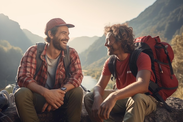 Two friends hiking in mountains talking and laughing AI Generative