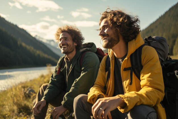 Two friends hiking in mountains talking and laughing AI Generative