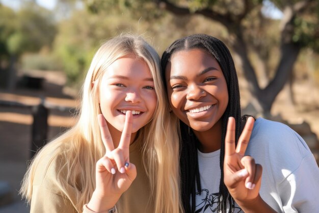 Photo two friends holding hands smiling at the camera and giving a peace sign