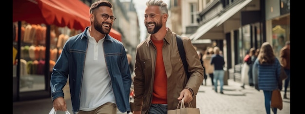 Two friends is walking down the street with bags while shopping