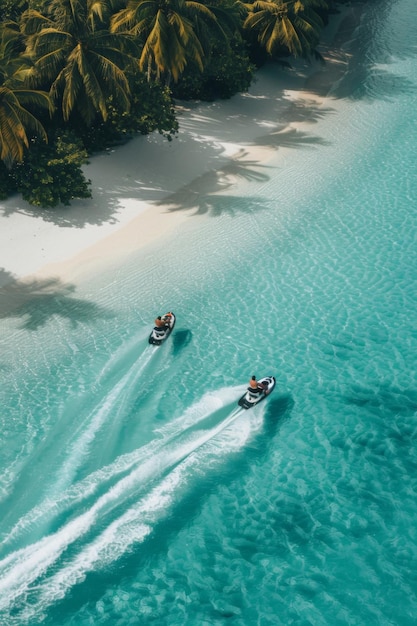 Two friends jet skiing on a paradise beach