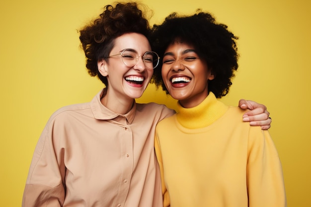 Two friends laughing together against a bright sunny yellow studio background