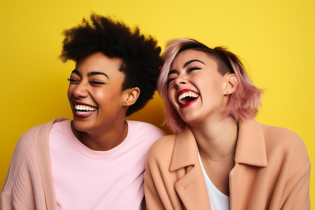 Two friends laughing together against a bright sunny yellow studio background