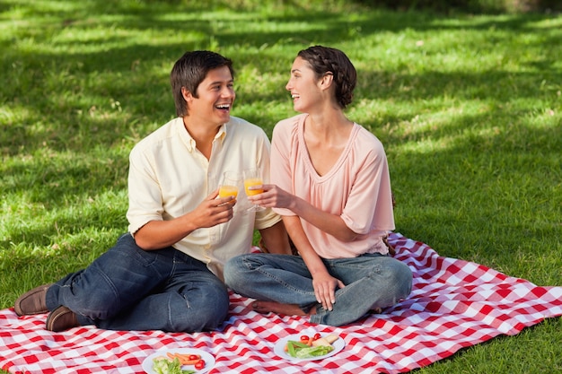 Two friends laughing while raising their glasses during a picnic