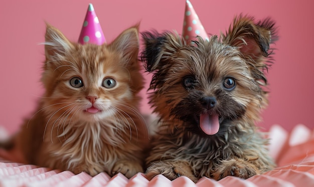 Two friends a maltese puppy and a kitten on a birthday party