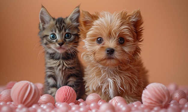 Two friends a maltese puppy and a kitten on a birthday party