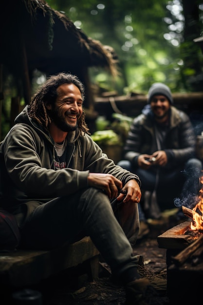 two friends smoking a joint and sitting relaxed on a bench