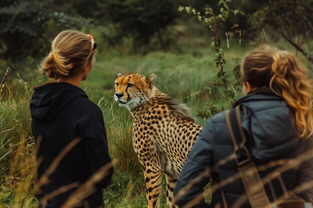 Photo two friends spotting a cheetah in grass