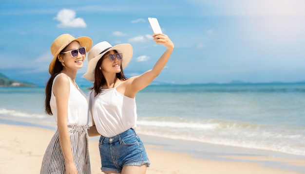 Two friends traveling and take photo selfie on the beach Happy people having fun ai generated