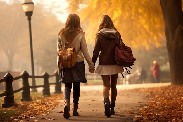 Photo two friends walking together in the park sharing moments of happiness