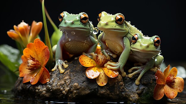 two frog sitting on a tree branch