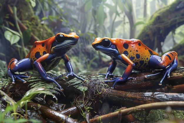 Foto two frogs are sitting on a branch and one has a red and orange color