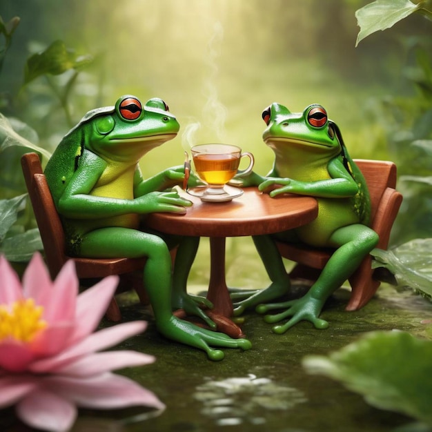 Photo two frogs enjoying tea at a table