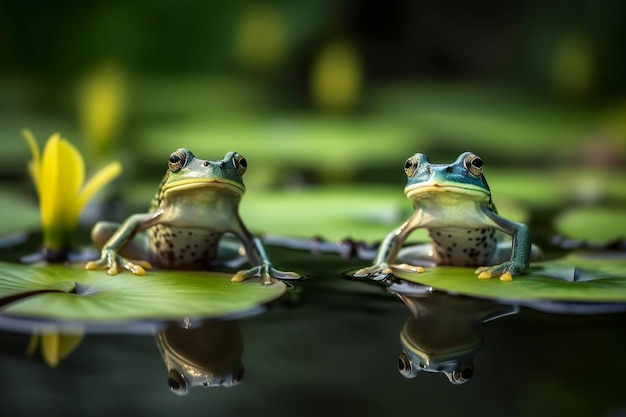 Photo two frogs on a lily pad