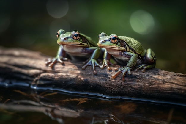 Two frogs on a log in a pond