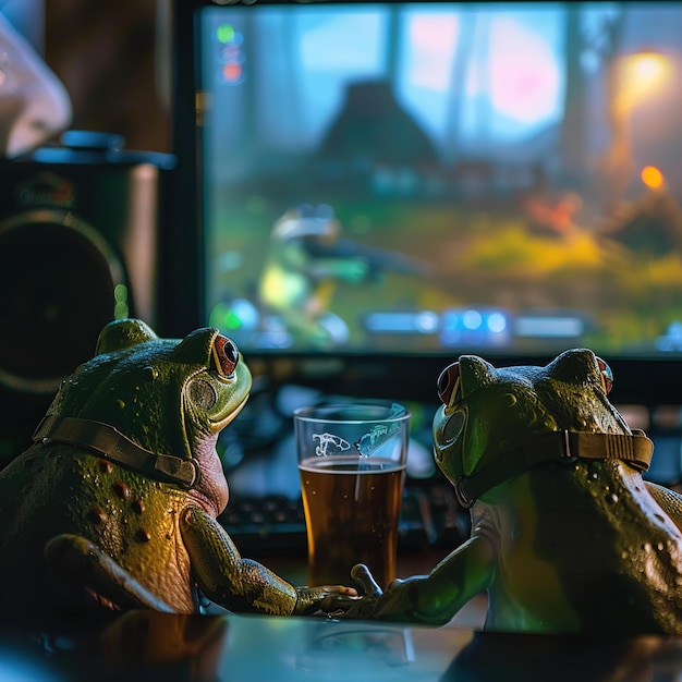 two frogs sit on a table with a beer in front of a computer screen