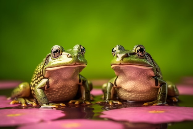 Two frogs sitting on a pink surface with a green background.