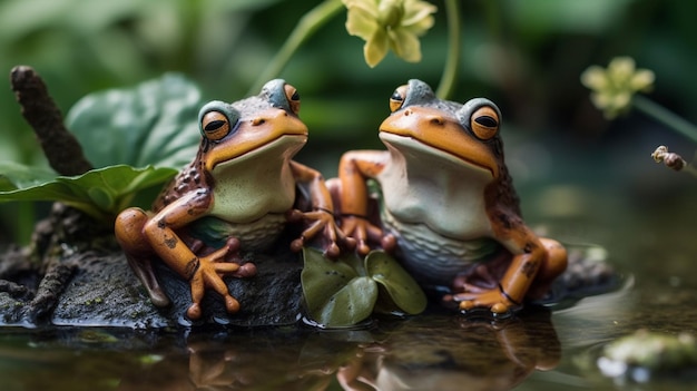 Two frogs sitting on a rock with leaves in the background