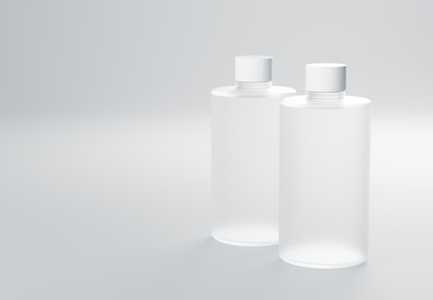 사진 회색 배경 d 렌더링 비즈니스 템플릿에 서 있는 두 개의 반투명 유리 샴푸 병