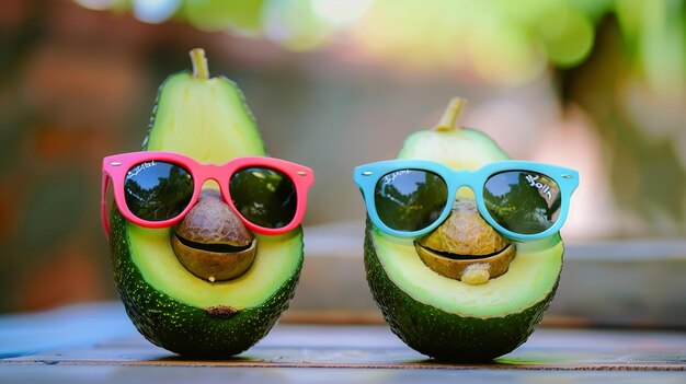 Photo two fun funny avocados in sunglasses