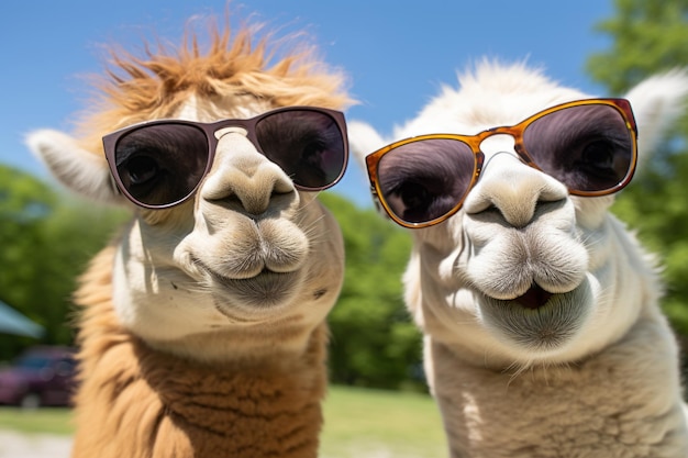 Two funny alpacas in sunglasses outdoors in summer closeup