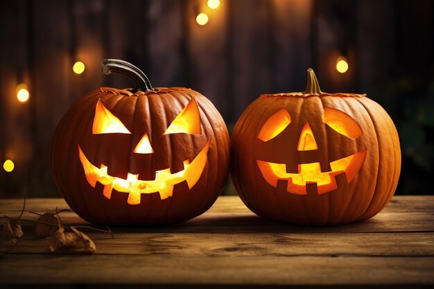 Foto due divertenti rabbia halloween testa di zucca jack lanterna candele ardente fuoco