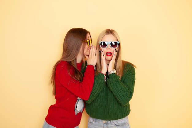 Two funny beautiful hipster girls in sweaters and sunglasses gossiping