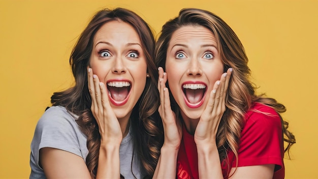 Two funny best friens woman shoked crazy surprised emotions studio yellow background