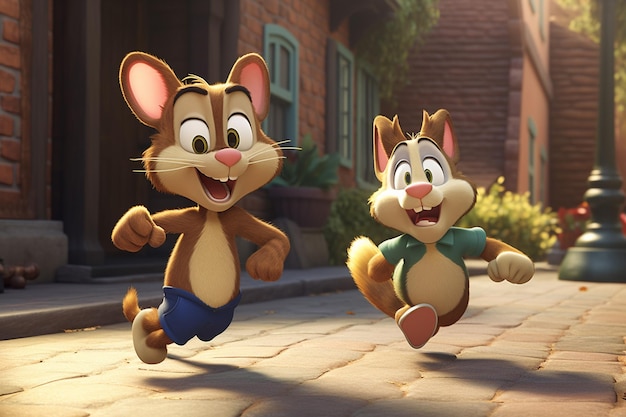 Two funny cartoon mice running in the city at sunset 3d rendering